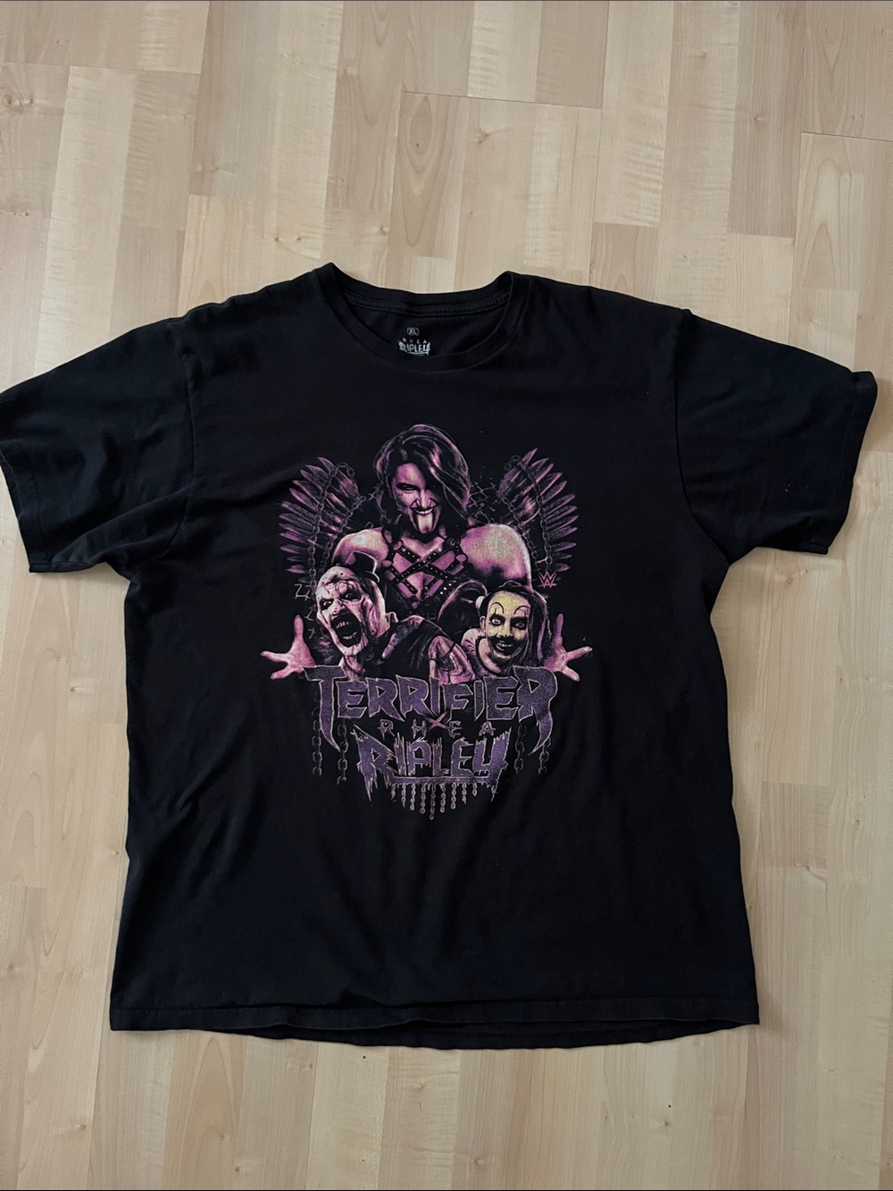 WWE Black Graphic Tee with Purple-Pink Horror Print